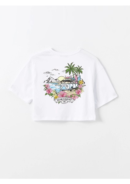 Xsıde Beyaz Bisiklet Yaka Baskılı Kısa Kollu Oversize Kadın Crop