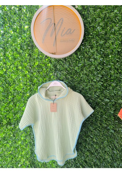 4 Kat Müslin Kapüşonlu Çoban Dikişli Çocuk Panço Yeşil Renk 7-8 Yaş