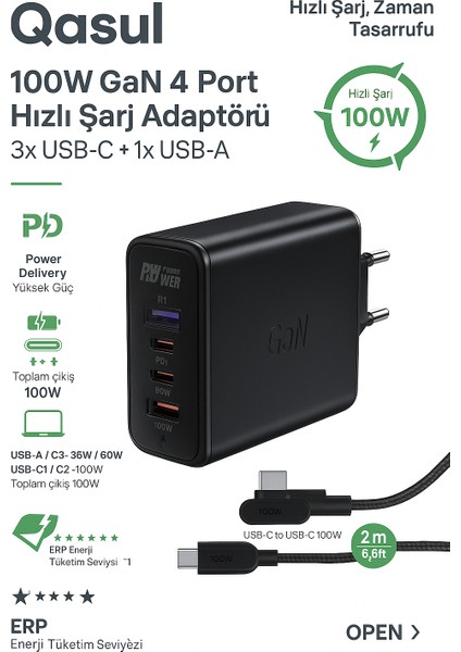 100W Gan+ 4 Port Hızlı Şarj Adaptörü (3x Usb-C + 1x Usb-A) Laptop Telefon Tablet Uyumlu