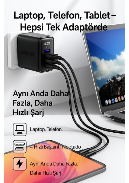100W Gan+ 4 Port Hızlı Şarj Adaptörü (3x Usb-C + 1x Usb-A) Laptop Telefon Tablet Uyumlu fırsatları