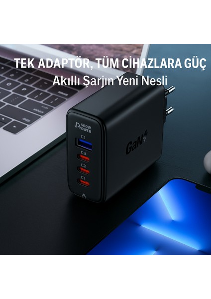 100W Gan+ 4 Port Hızlı Şarj Adaptörü (3x Usb-C + 1x Usb-A) Laptop Telefon Tablet Uyumlu indirimleri