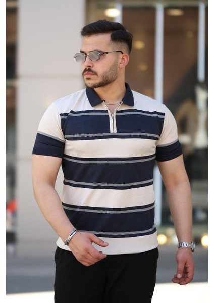 Erkek Yakalı Fermuarlı Çift Renk Kısa Kollu T-Shirt