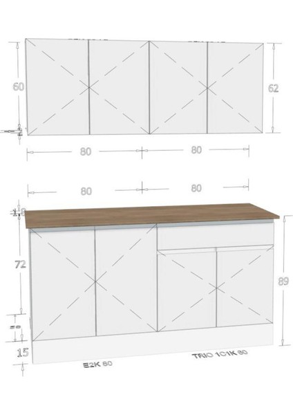 Çok Amaçlı Mutfak Dolabı Meşe Suntalam 160x60x35 cm Üst ve Alt Modüllü Modern Tasarım