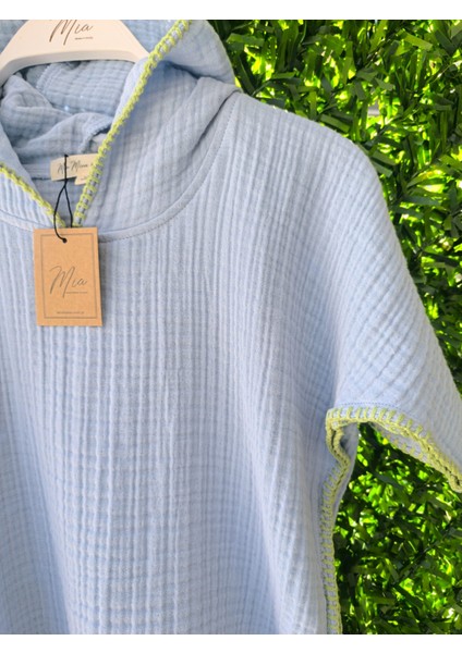 4 Kat Müslin Kapüşonlu Çoban Dikişli Çocuk Panço Mavi Renk 3-4 Yaş