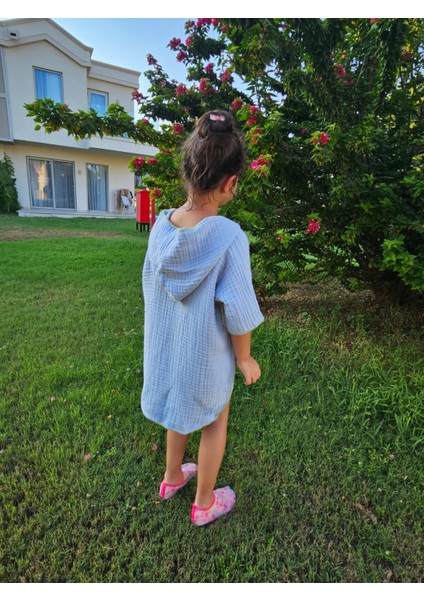 4 Kat Müslin Kapüşonlu Çoban Dikişli Çocuk Panço Mavi Renk 3-4 Yaş fiyatları