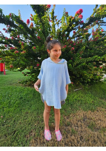 4 Kat Müslin Kapüşonlu Çoban Dikişli Çocuk Panço Mavi Renk 3-4 Yaş fırsatları