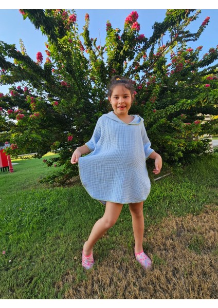 4 Kat Müslin Kapüşonlu Çoban Dikişli Çocuk Panço Mavi Renk 3-4 Yaş