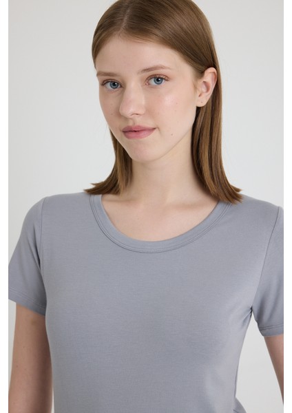 Becky Sıfır Yaka Gri Basic Bambu ve Organik Pamuk Kadın Tişört fiyatları