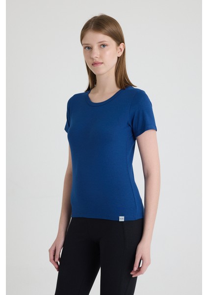 Becky Sıfır Yaka Mavi Basic Bambu ve Organik Pamuk Kadın Tişört