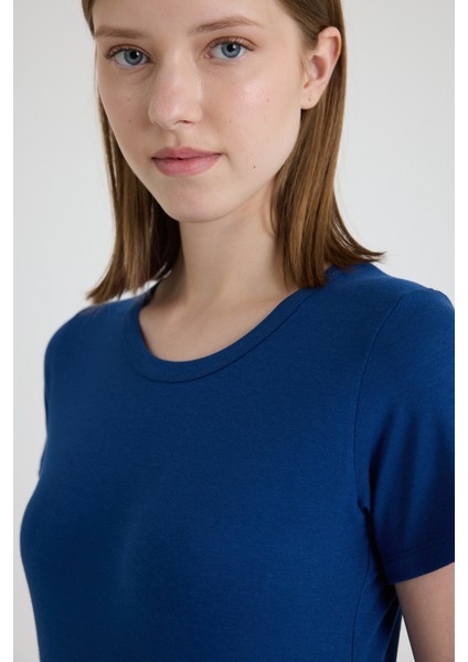 Becky Sıfır Yaka Mavi Basic Bambu ve Organik Pamuk Kadın Tişört fiyatları