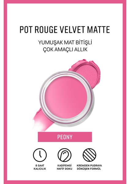 Pot Rouge Velvet Matte - Çok Amaçlı Mat Bitişli Krem Allık & Ruj - Peony