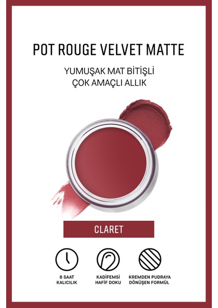 Pot Rouge Velvet Matte - Çok Amaçlı Mat Bitişli Krem Allık & Ruj - Claret