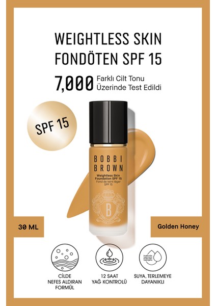 Weightless Skin 24 Saat Kalıcı Fondöten SPF 15 - Doğal ve Mat Bitişli - Golden Honey - 30 ML