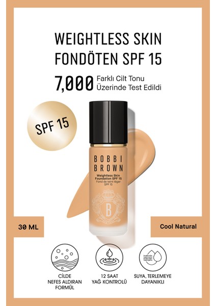 Weightless Skin 24 Saat Kalıcı Likit Fondöten SPF 15 - Doğal ve Mat Bitişli - Cool Natural - 30ml