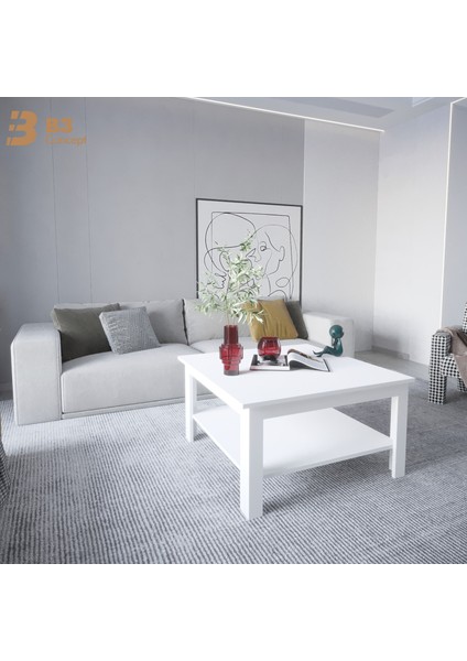 B3CONCEPT Nort Serisi Modern Dekoratif Raflı Kare Salon Orta Sehpa Beyaz fırsatları