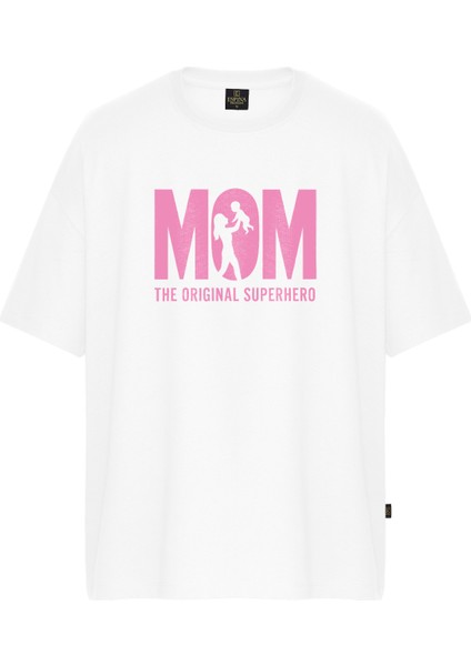 Kadın Mom Superhero Baskılı Oversize Tişört