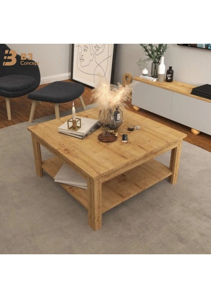 Nort Serisi Modern Dekoratif Raflı Kare Salon Orta Sehpa Safir Meşe