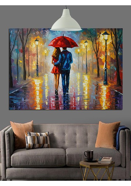 Yağmurda Kırmızı Şemsiyeli Kadın Dekoratif Kanvas - Mdf Ahşap Tablo