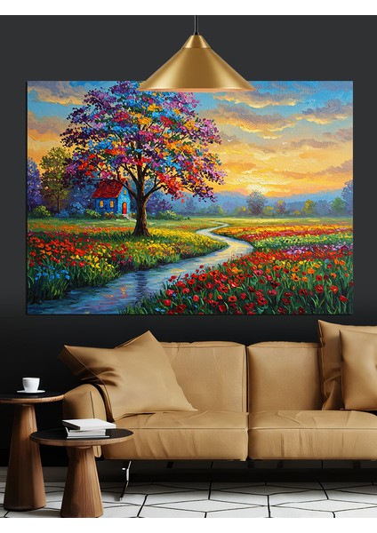 Renkli Yol ve Çiçekli Ağaç Dekoratif Kanvas - Mdf Ahşap Tablo