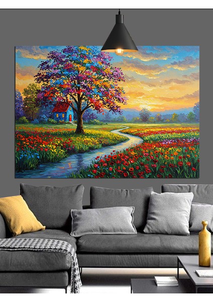 Renkli Yol ve Çiçekli Ağaç Dekoratif Kanvas - Mdf Ahşap Tablo fiyatları