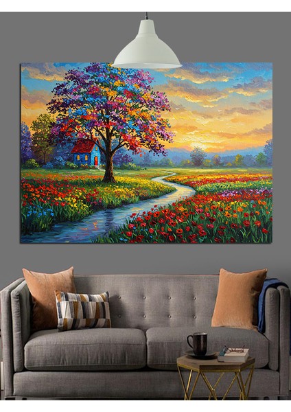 Renkli Yol ve Çiçekli Ağaç Dekoratif Kanvas - Mdf Ahşap Tablo modelleri