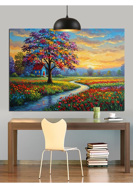 Renkli Yol ve Çiçekli Ağaç Dekoratif Kanvas - Mdf Ahşap Tablo fırsatları