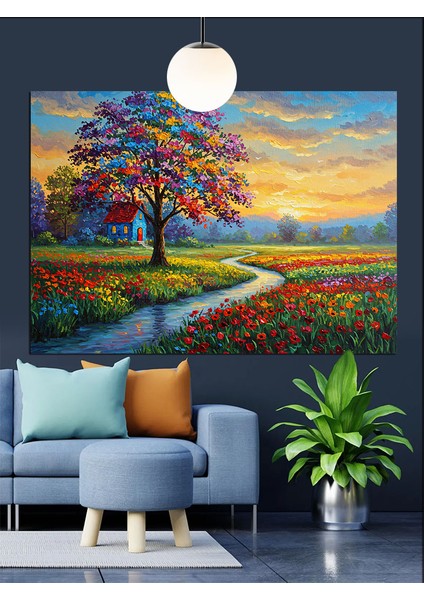 Renkli Yol ve Çiçekli Ağaç Dekoratif Kanvas - Mdf Ahşap Tablo indirimleri
