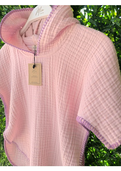 4 Kat Müslin Kapüşonlu Çoban Dikişli Çocuk Panço Pembe Renk 7-8 Yaş