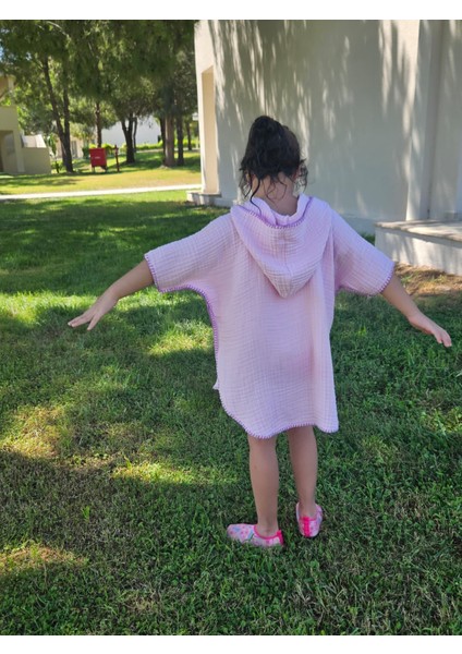 4 Kat Müslin Kapüşonlu Çoban Dikişli Çocuk Panço Pembe Renk 7-8 Yaş fiyatları