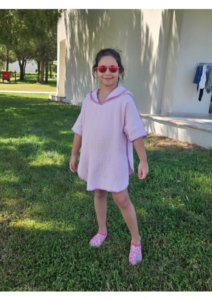 4 Kat Müslin Kapüşonlu Çoban Dikişli Çocuk Panço Pembe Renk 7-8 Yaş modelleri