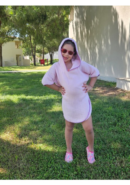 4 Kat Müslin Kapüşonlu Çoban Dikişli Çocuk Panço Pembe Renk 7-8 Yaş