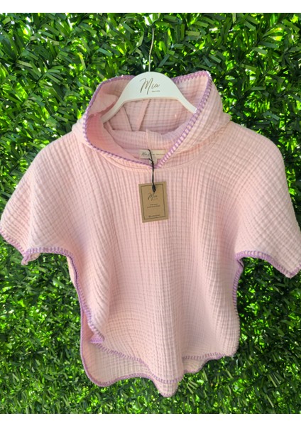 4 Kat Müslin Kapüşonlu Çoban Dikişli Çocuk Panço Pembe Renk 7-8 Yaş