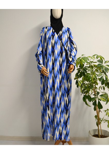 Zigzag Desenli Kruvaze Namaz Elbisesi – %100 Viskon, Yandan Bağlamalı 36-46 Beden