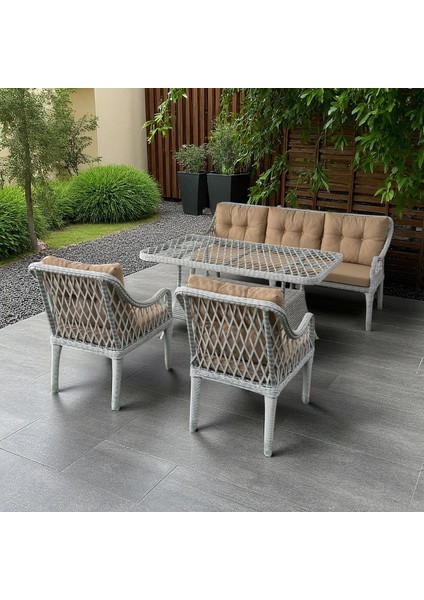 Kaş 3+1+1+Masa Rattan Bahçe Balkon Mobilyası,Rattan Beyaz/Kumaş Bej fiyatları