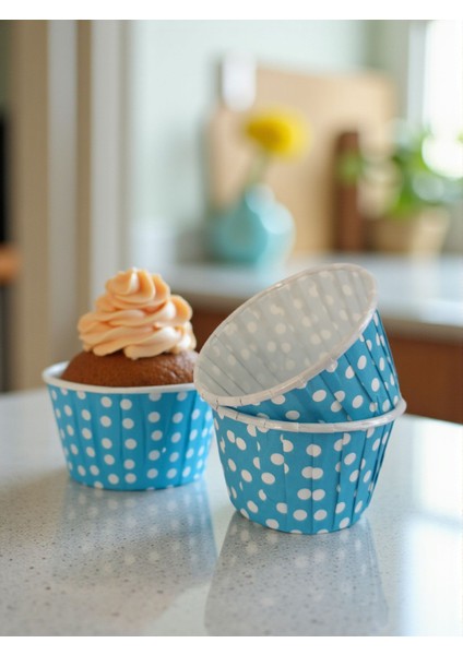 Puantiyeli Mavi 50'li Airfryer ve Fırın Için Muffin Kek Kalıbı Cupcake Kalıbı 6,50X4 cm
