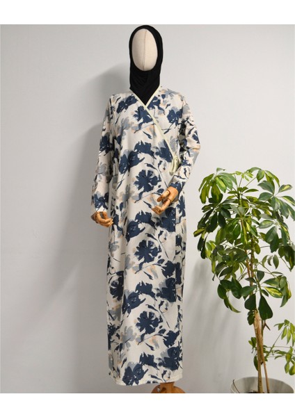 Yaprak Desenli Kruvaze Namaz Elbisesi – %100 Viskon, Yandan Bağlamalı 36-46 Beden