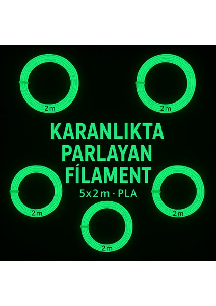 Karanlıkta Parlayan 3D Kalem Pla Filamenti 1.75MM Kalınlıkta 10 Metre (5 Adet 2 Metrelik Filament)