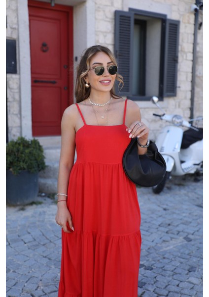 Kadın Askılı Straplez Maxi Uzun Elbise