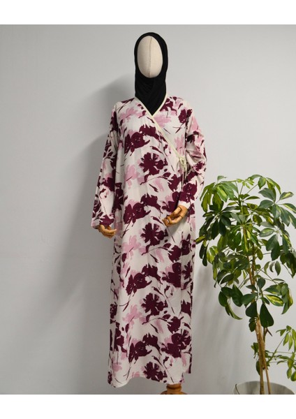 Yaprak Desenli Kruvaze Namaz Elbisesi – %100 Viskon, Yandan Bağlamalı 36-46 Beden