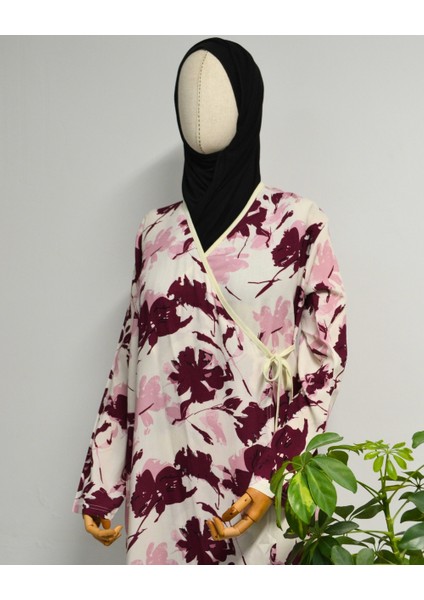 Yaprak Desenli Kruvaze Namaz Elbisesi – %100 Viskon, Yandan Bağlamalı 36-46 Beden fırsatları