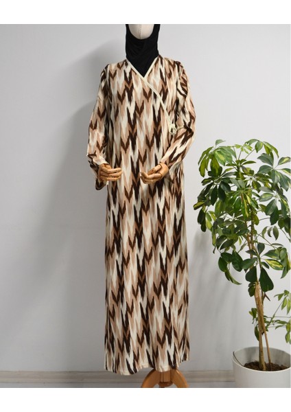 Zigzag Desenli Kruvaze Namaz Elbisesi – %100 Viskon, Yandan Bağlamalı 36-46 Beden fırsatları