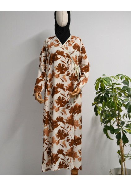 Yaprak Desenli Kruvaze Namaz Elbisesi – %100 Viskon, Yandan Bağlamalı 36-46 Beden