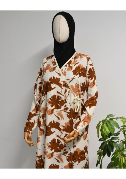 Yaprak Desenli Kruvaze Namaz Elbisesi – %100 Viskon, Yandan Bağlamalı 36-46 Beden fiyatları