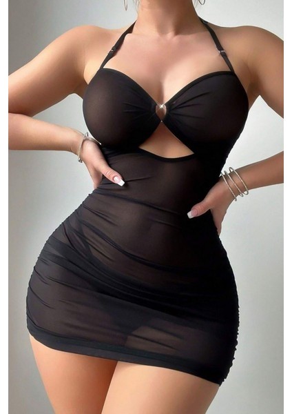 Siyah Transparan Zincir Detaylı Gecelik