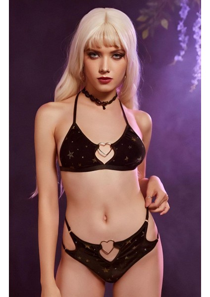 Siyah Kadife Kalp Detaylı 2’li Lingerie Takımı