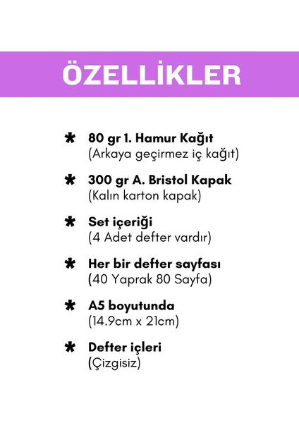 Spiralli Çizgisiz Okul Defteri 4'lü Set Pastel Renk A4 300 gr Amerikan Bristol Kapaklı