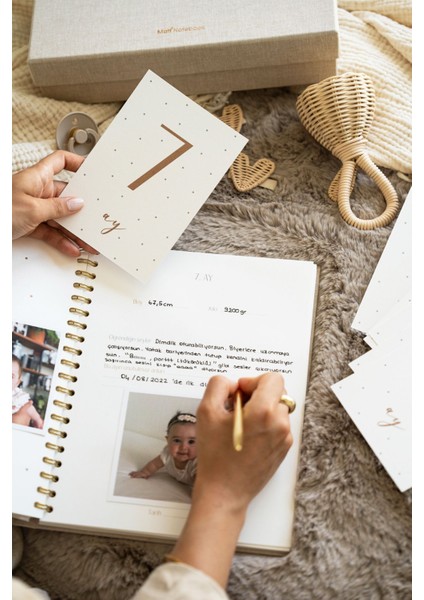 7 Parça Özel Defter Seti Krem 28x25 cm Keten Kutulu Bebek Anı Hamile Günlüğü