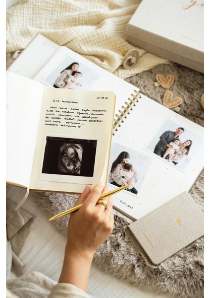 7 Parça Özel Defter Seti Krem 28x25 cm Keten Kutulu Bebek Anı Hamile Günlüğü