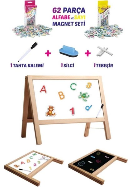Masaüstü Manyetik Çift Taraflı Ahşap Yazı Tahtası 62 Parça Alfabe ve Sayı Seti 45x40 cm