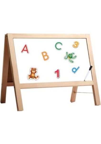 Masaüstü Manyetik Çift Taraflı Ahşap Yazı Tahtası 62 Parça Alfabe ve Sayı Seti 45x40 cm